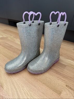 Target Silver Glitter Rain Boots with Purple Handles